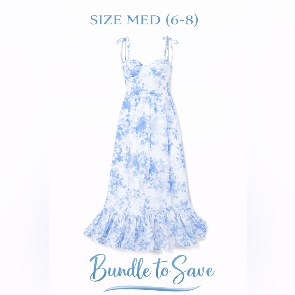 Blue Floral Dress Spring Wedding Guest Bridal Shower Cottagecore Dress 🦋💙🤍💐🌸